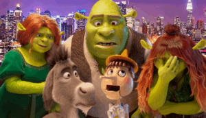 Shrek, Fiona, Burro, Pinocho, y la hija de Shrek